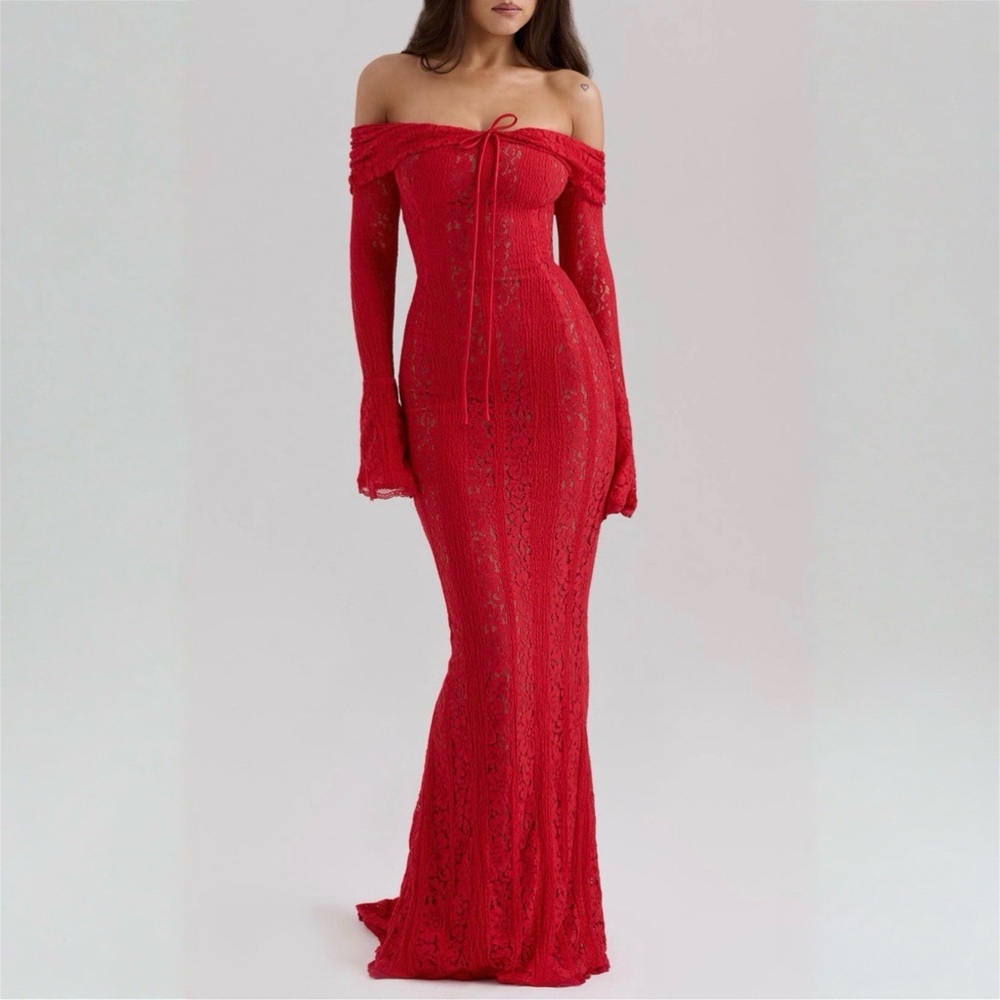 House of CB Belle Red Off-Shoulder Long Sleeve Dress